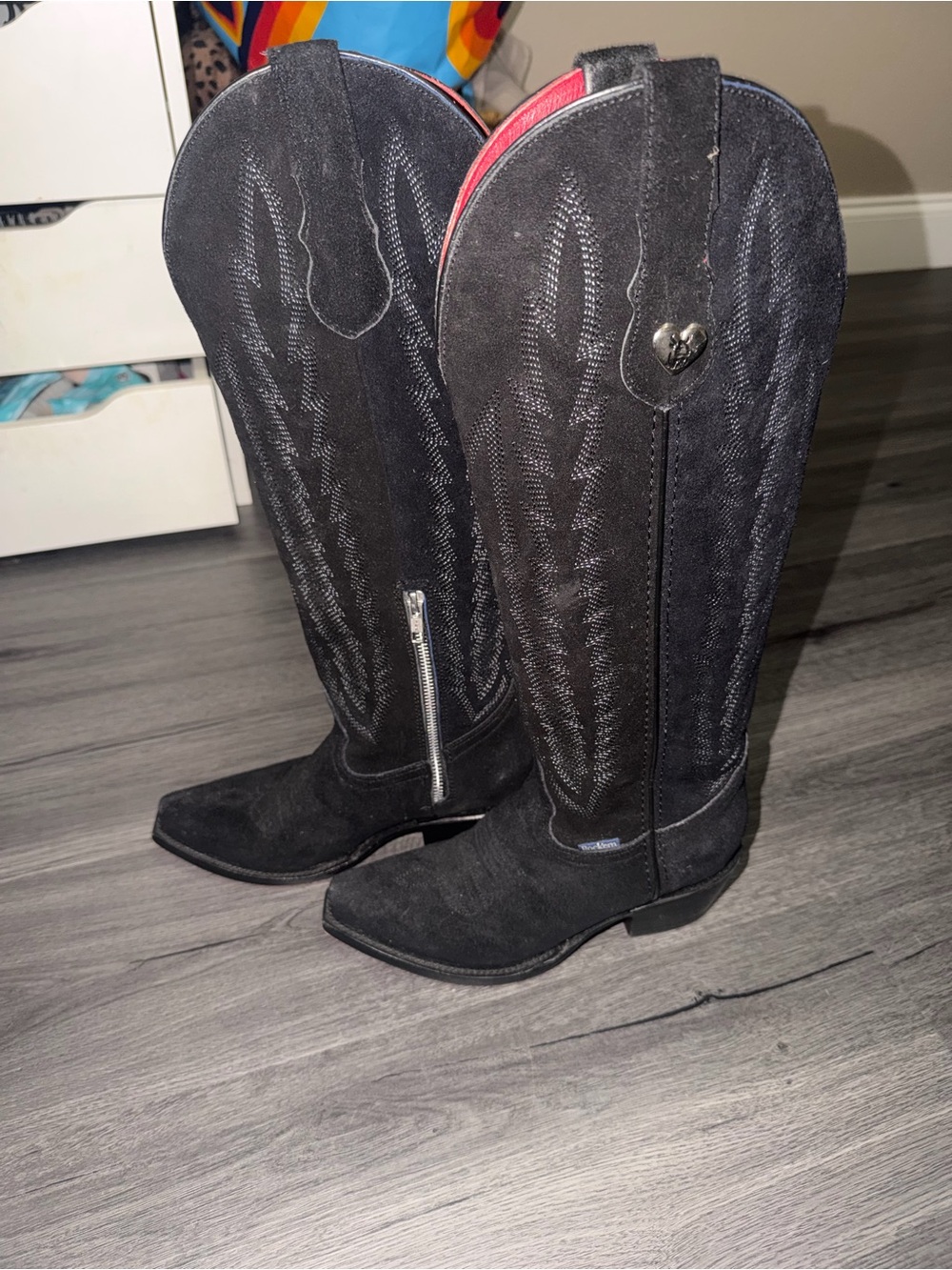Rock’em Presley tall suede cowboy boots. These are up to your knee tall.